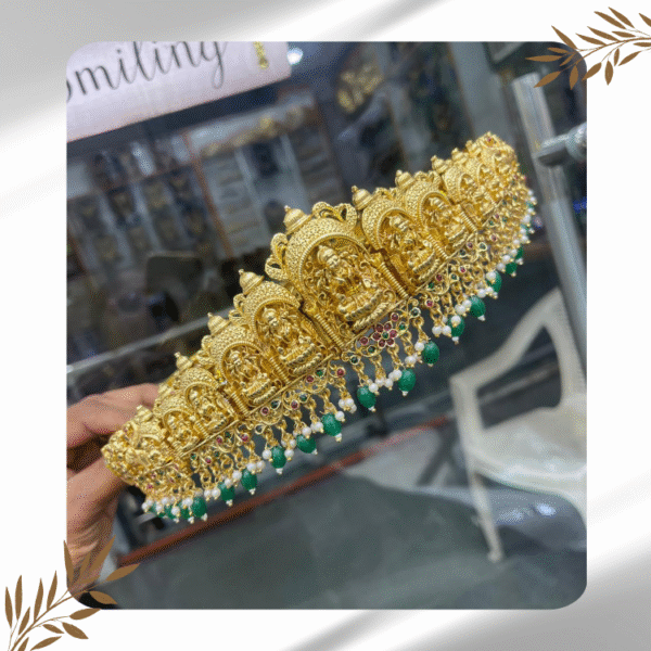 Elegant Multi-Colored Stone Hip Belt with Green Pearl Hangings