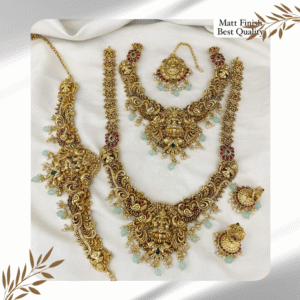 Bridal Jewelry Set with Lakshmi Pendant, Nethi Chutti, Hip Chain, and Small Light Blue Pearls