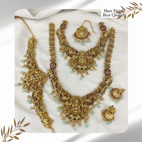 Bridal Jewelry Set with Lakshmi Pendant, Nethi Chutti, Hip Chain, and Small Light Blue Pearls