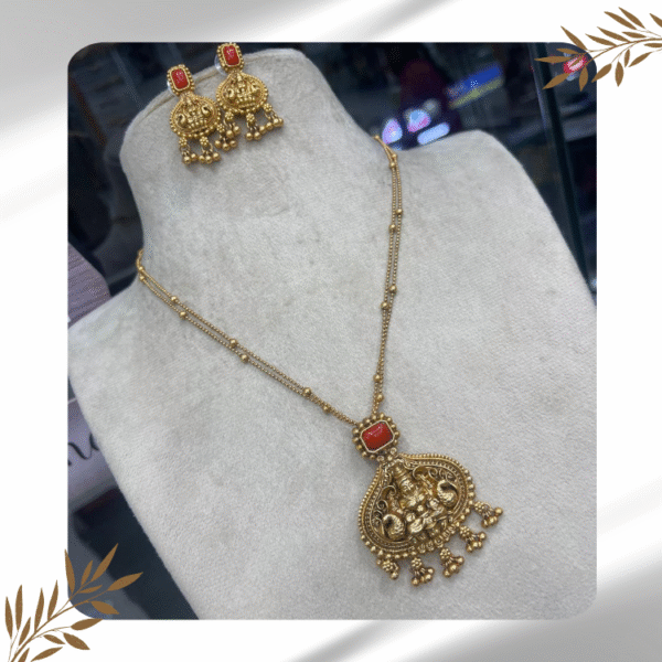 Lakshmi Pendant Chain with Matching Earrings and Pavalam Gemstones