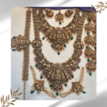 Complete Bridal Jewelry Set with All Accessories - Lakshmi Pendant, Elephant Design, and Green Pearls