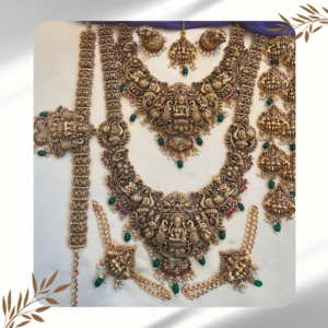 Complete Bridal Jewelry Set with All Accessories – Lakshmi Pendant, Elephant Design, and Green Pearls
