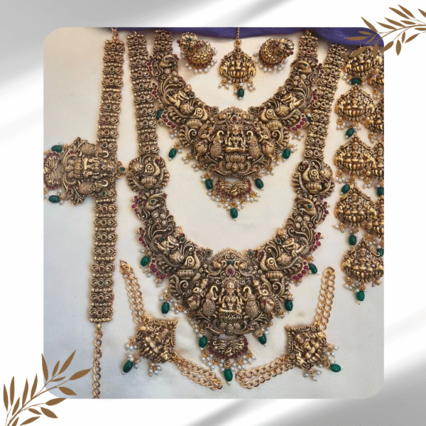 Complete Bridal Jewelry Set with All Accessories - Lakshmi Pendant, Elephant Design, and Green Pearls