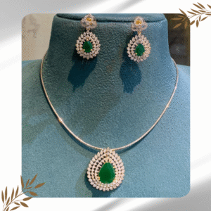 Chain with Green and White Stone Pendant and Matching Earrings