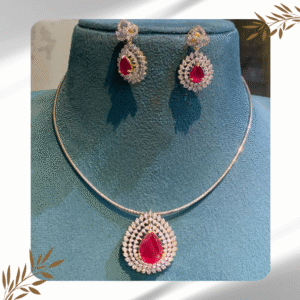Chain with Red and White Stone Pendant and Matching Earrings