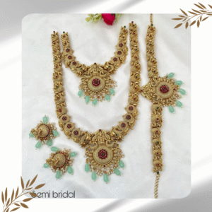 Semi-Bridal Set with Beautiful Pink Stone Flowers, White Stone Pendant, and Lakshmi & Peacock Design