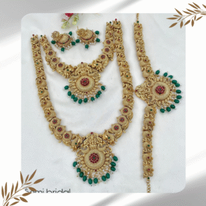 Semi-Bridal Set with Pink Stone Flowers, White Stone Pendant, Lakshmi & Peacock Design, and Green Pearls