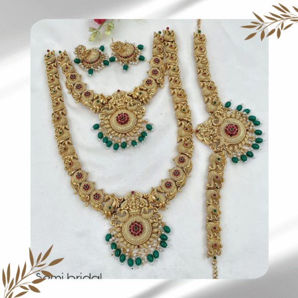 Semi-Bridal Set with Pink Stone Flowers, White Stone Pendant, Lakshmi & Peacock Design, and Green Pearls