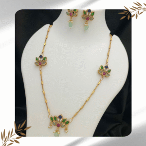 Chain with Multi-Colored Floral Pendant and Matching Earrings