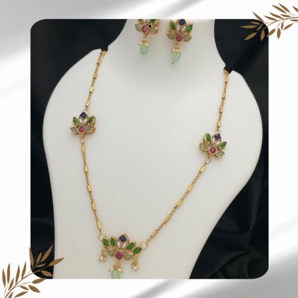 Chain with Multi-Colored Floral Pendant and Matching Earrings
