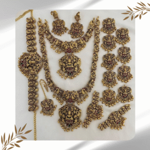 Complete Beautiful Bridal Set with Goddess Lakshmi, Peacock Design, and Multi-Colored Stones