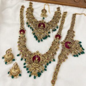 HEAVY LAKSHMI SEMI IN GREEN BEADS