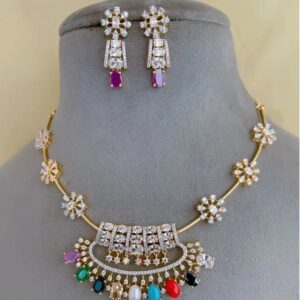 UNIQUE FLOWER NECKSET IN NAVARATHNA STONE MF1187