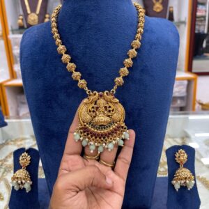 CHETTINADU LONG HARAM IN LAKSHMI PENDANT MINT GREEN BEADS MF2185