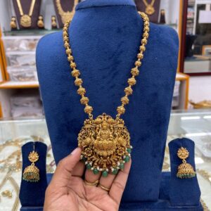 CHETTINADU LONG HARAM IN 3D PENDANT GREEN BEADS MF2185